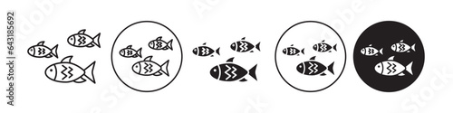 Shoal icon. Many Fish swimming together in ocean symbol. Vector set of aqua animal wildlife group swim. Flat outline of marine fishing in underwater sea. Fish drawing illustration