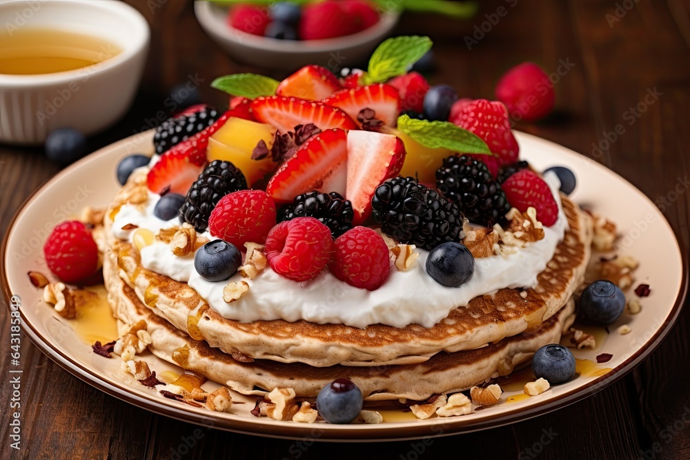 A stack of pancakes with fruit and nuts on top and syrup. A stack of pancakes with fruit and nuts on top and syrup.