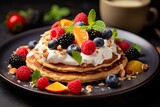A stack of pancakes with fruit and nuts on top and syrup.