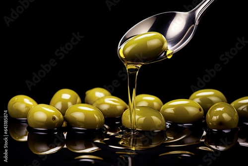 A spoonful of olive oil being drizzled over a pile of green olives on a black background.
