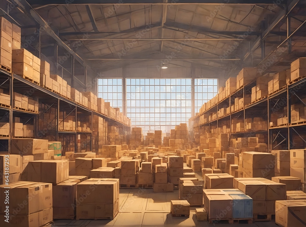A large import-export warehouse filled with crates of goods boxes and containers logistics industry A large import-export warehouse filled with crates of goods boxes and containers logistics industry