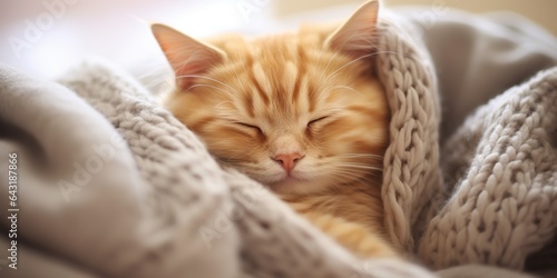 AI Generated. AI Generative. Cozy funny cat sleeping under warm blanket. Home chill background. Can be used for pet animal promotion