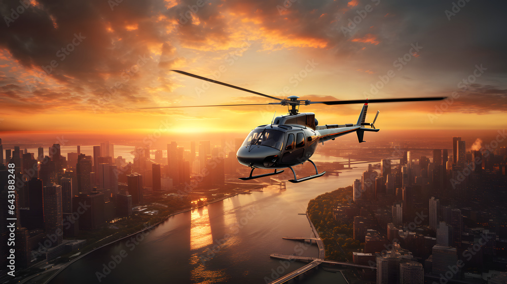 a helicopter flies over a city - obrazy, fototapety, plakaty 
