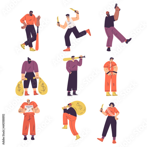 Man Criminals and Bandit Character Commit Crime Vector Set