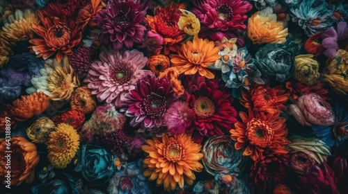 Mixed colorful flowers background. Vibrant colors of mixed flowers backdrop.