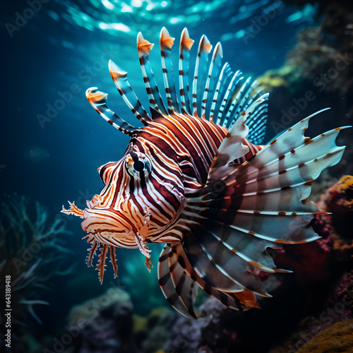 Underwater view of a predatory Lionfish. A sea and ocean life concept depicting a majestic Lionfish. Generative ai. 