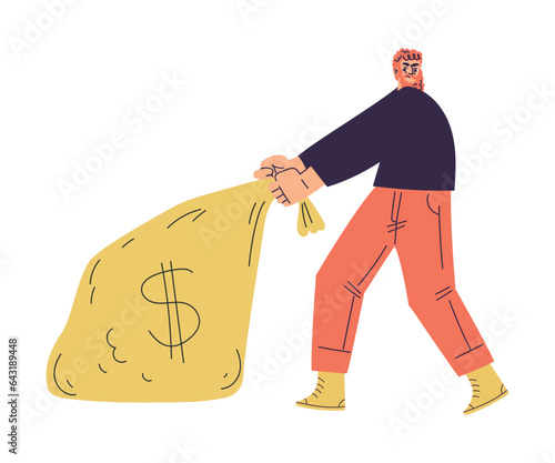 Man Criminal and Bandit Character with Beard Pull Money Sack Commit Crime Vector Illustration