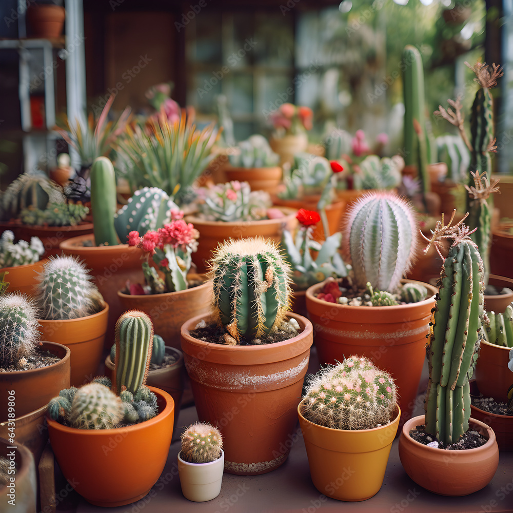 Various cacti and succulents potted in dirt. A cactus concept of gardening, the desert, and plants. Generative ai. Various cacti and succulents potted in dirt. A cactus concept of gardening, the desert, and plants. Generative ai.
