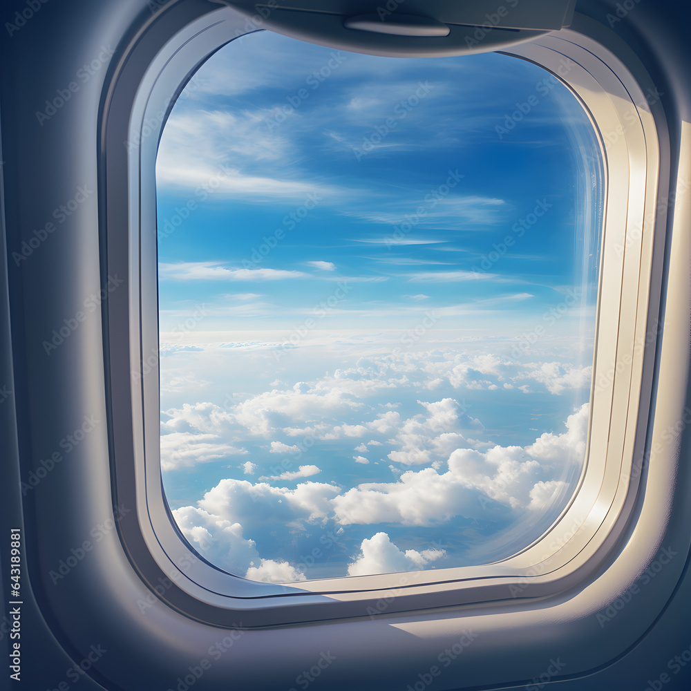 A POV shot of the view from the interior of a commercial airplane, a plane window with blue skies and white clouds. Representing travel, vacation, and leisure. Generative ai. A POV shot of the view from the interior of a commercial airplane, a plane window with blue skies and white clouds. Representing travel, vacation, and leisure. Generative ai.