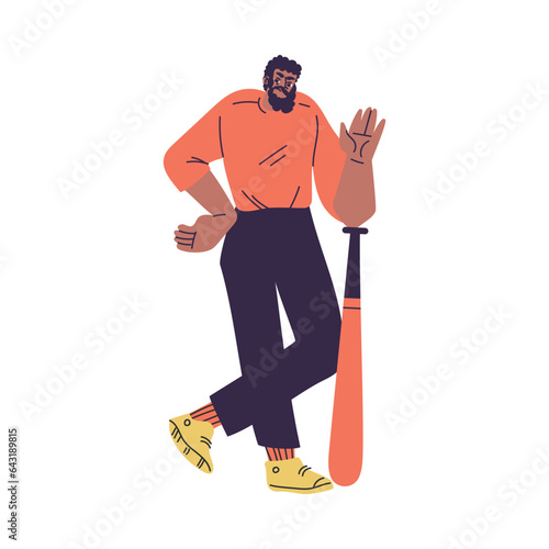 Bearded Man Criminal and Bandit Character with Bat Commit Crime Vector Illustration