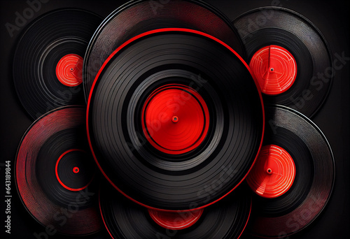 Vinyl records in black and red. AI Generated