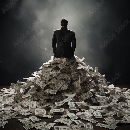 Fotografie, Obraz A man in a suit is seated on a pile of money