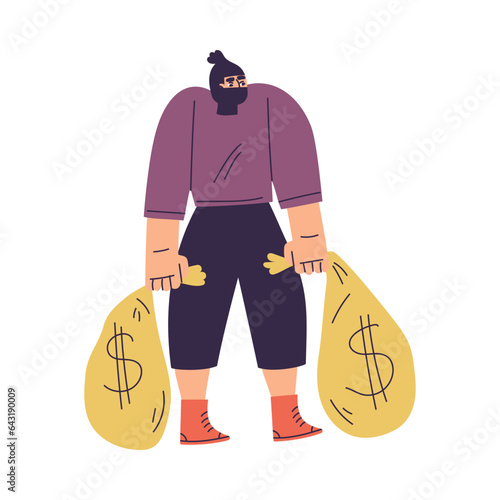 Man Criminal and Bandit Character with Mask Carry Money Sack Commit Crime Vector Illustration