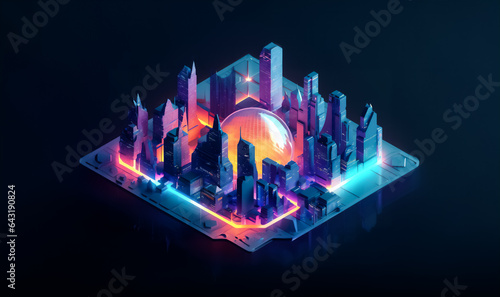 An active futuristic cityscape at night, illuminated by neon lights. Futuristic neon city on a dark background. NFT, AI, isometric view, 3d, isometry