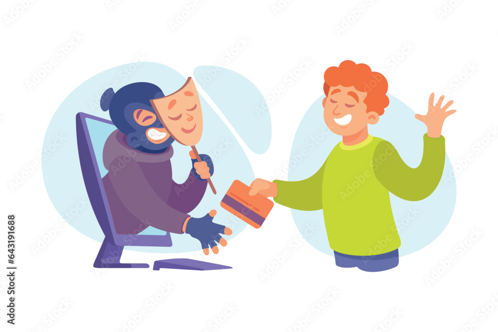 Cyber Swindler Man in Mask Hacking Internet Steal Money Take Card Vector Illustration Cyber Swindler Man in Mask Hacking Internet Steal Money Take Card Vector Illustration