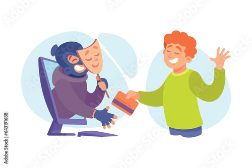 Cyber Swindler Man in Mask Hacking Internet Steal Money Take Card Vector Illustration