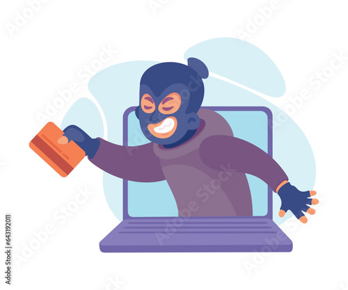 Cyber Swindler Man in Mask Look from Laptop Screen with Card Hacking Internet Steal Money Vector Illustration
