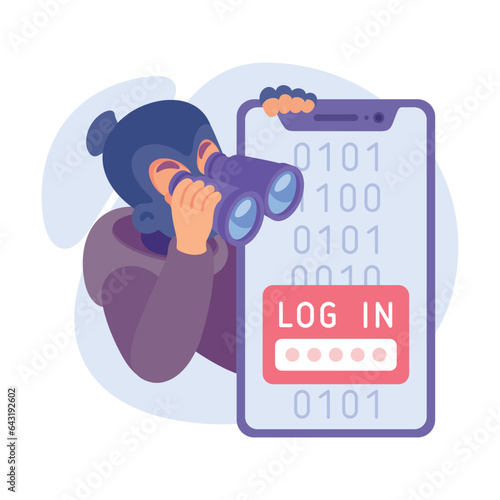 Cyber Swindler Man in Mask with Smartphone and Binocular Hacking Internet Steal Money Vector Illustration