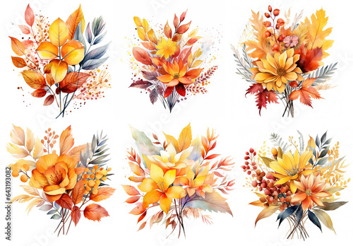 watercolor painting style illustration clipart of  Autumn flower bouquet set collection isolated on white background, Generative Ai
