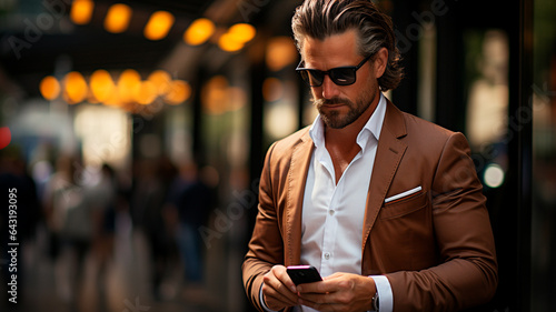 handsome stylish bearded man using smart phone in the street