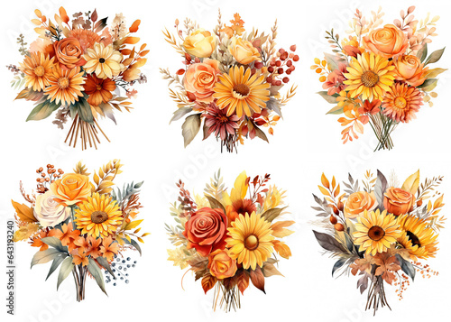 watercolor painting style illustration clipart of  Autumn flower bouquet set collection isolated on white background  Generative Ai