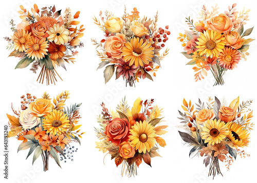 Fototapeta Naklejka Na Ścianę i Meble -  watercolor painting style illustration clipart of  Autumn flower bouquet set collection isolated on white background, Generative Ai