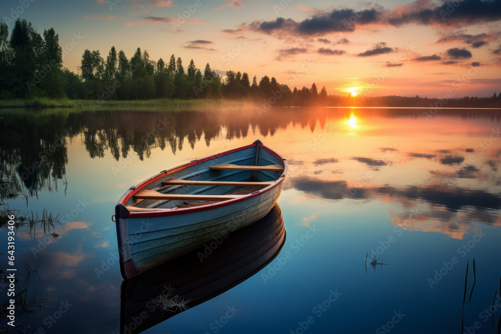 Serene scene of a boat on at sunrise/sunset