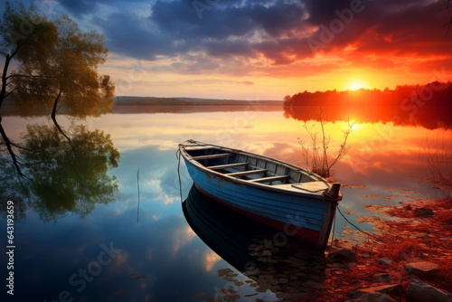Serene scene of a boat on at sunrise sunset