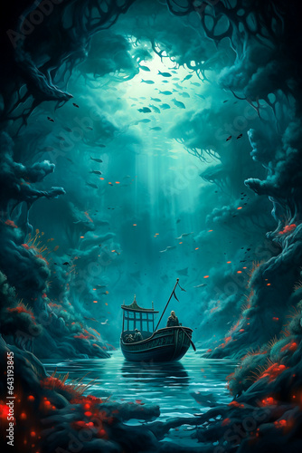 Imaginative surreal underwater fairytale landscape. Roats, boat, fishes, glowing red lights. Dreamy aquatic fantasy wonderland in turquoise tones. Digital illustration, AI generated. photo