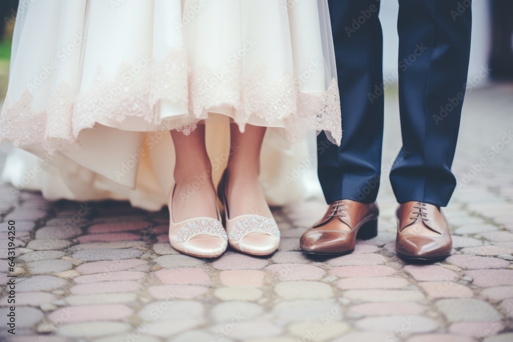 feet of bride and groom in wedding shoes