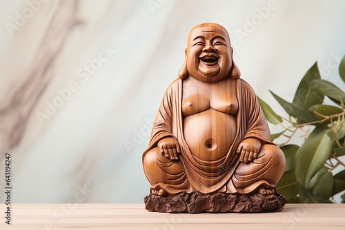 Laughing Buddha statue on white wooden background with copy space to write