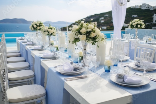 Long wedding table covered with white cloth