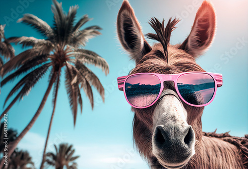 Fotografia A funny donkey in sunglasses and a hat walks merrily against the backdrop of a seascape with palm trees