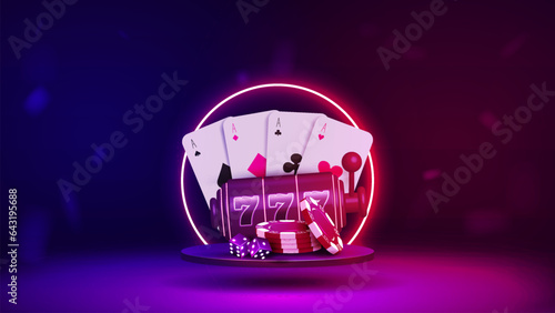 A podium with cards, chips and dice for poker, a slot machine for playing in a casino. A platform with a neon shiny frame on a blue-pink background.