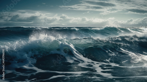 Fototapeta Naklejka Na Ścianę i Meble -  Powerful foamy sea waves rolling and splashing over water surface against cloudy blue sky.