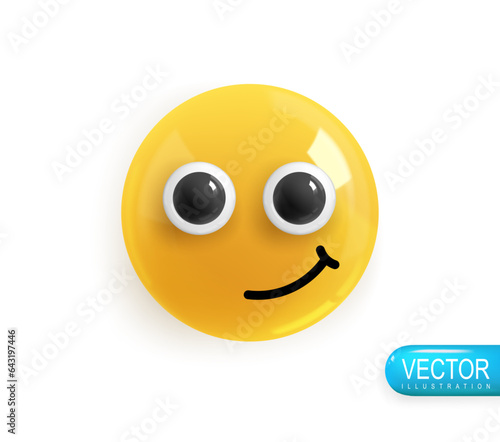 Emoji face a slight smile of incomprehension. Emotion Realistic 3d Render. Icon Smile Emoji. Vector yellow glossy emoticons.