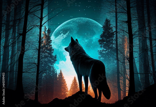 The wolf is looking at the moon. AI Generated