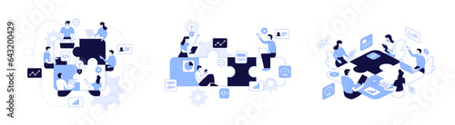 Vector illustration of internet communication Team metaphor People connecting puzzle elements social networks Chat, video, vector, messages, website, search for friends, mobile web graphics