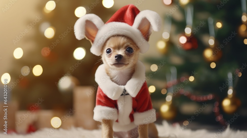 Cute little dog in santa claus costume on new year background closeup. Christmas background, card, wallpaper for desktop