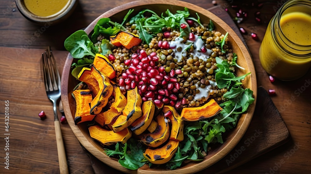 a salad in a wooden bowl with pome, lented pumpkins and greens on the side next to a glass of orange