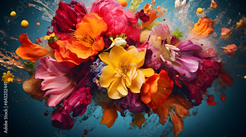brightly colored flowers are splashing in a blue background Generative AI