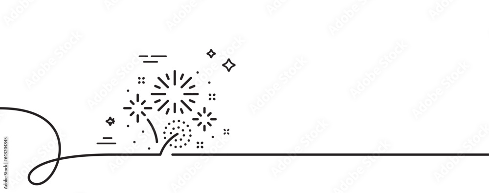 Fireworks line icon. Continuous one line with curl. Pyrotechnic salute sign. Carnival celebration lights symbol. Fireworks single outline ribbon. Loop curve pattern. Vector Fireworks line icon. Continuous one line with curl. Pyrotechnic salute sign. Carnival celebration lights symbol. Fireworks single outline ribbon. Loop curve pattern. Vector
