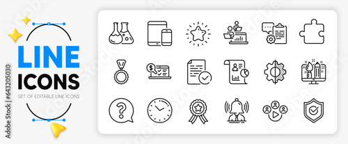 Brand, Clipboard and Star line icons set for app include Compliance, Mobile devices, Online accounting outline thin icon. Report, Video conference, Chemistry lab pictogram icon. Time. Vector
