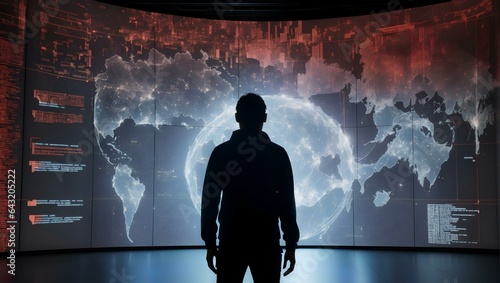  person standing in front of a giant digital screen with a flow of data showing various cyber threats and vulnerabilities 