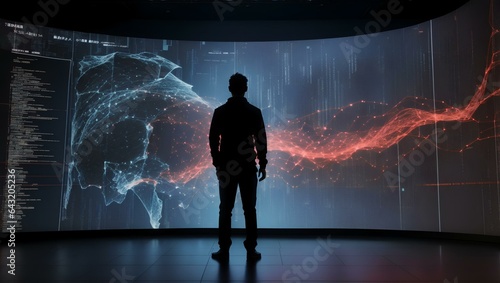  person standing in front of a giant digital screen with a flow of data showing various cyber threats and vulnerabilities 