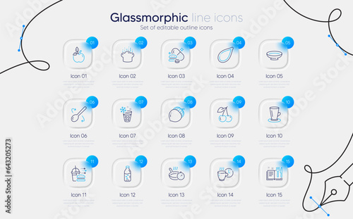 Set of Water bottle, Teacup and Cherry line icons for web app. Pumpkin seed, Frying pan, Food delivery icons. Dish, Eco food, Recipe book signs. Cooking spoon, Acorn, Cooking hat. Vector