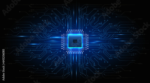 Central Computer Processors CPU concept. Motherboard digital chip. processor with lights on the blue background. Quantum computer, large data processing, photo