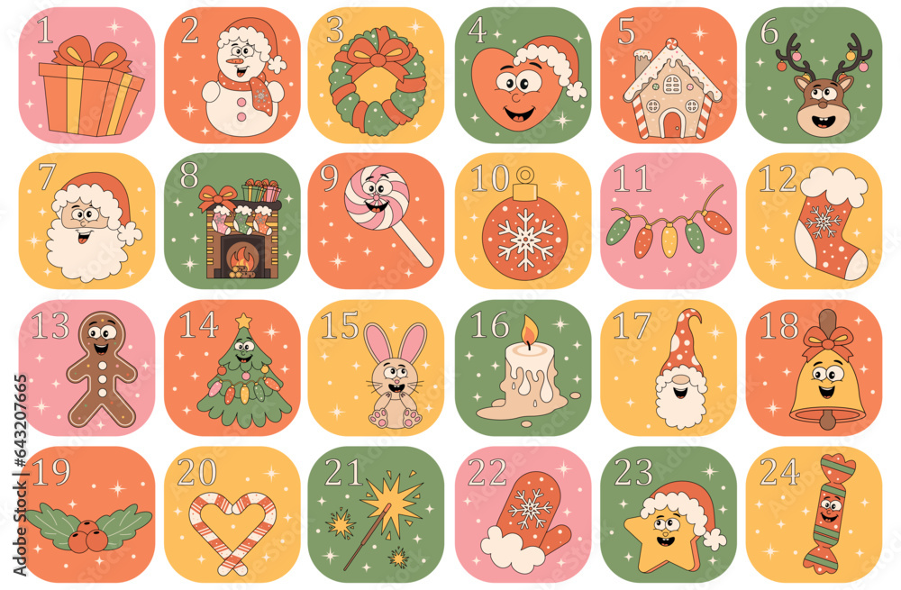 Fototapeta premium Christmas advent calendar surprise. Countdown retro cartoon style elements. Vector groovy characters.