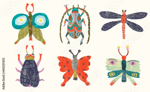 Butterflys dragonfly bug and ladybug. watercolor painting vector of cute insect. isolated animal illustration.