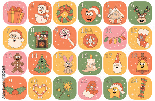 Christmas advent calendar surprise. Countdown retro cartoon style elements. Vector groovy characters.